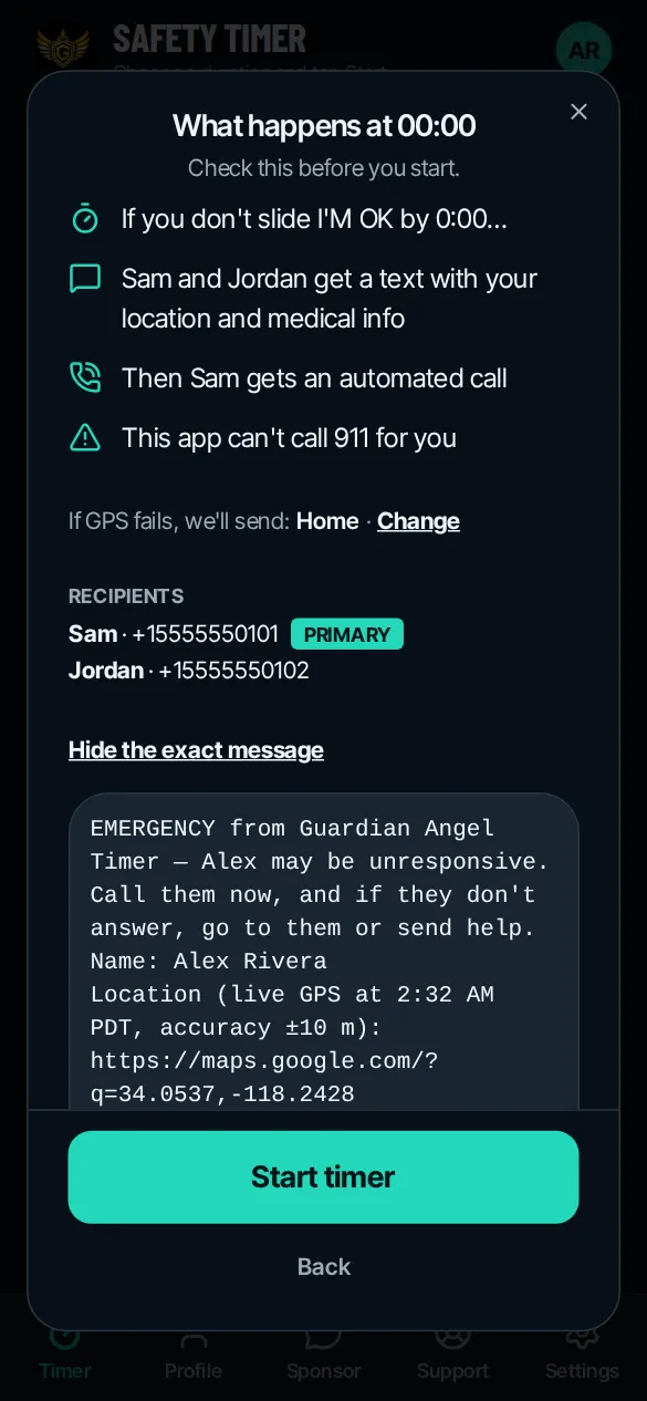 What the contacts would get, shown before a timer starts: a text with the location, then a call (demo data)