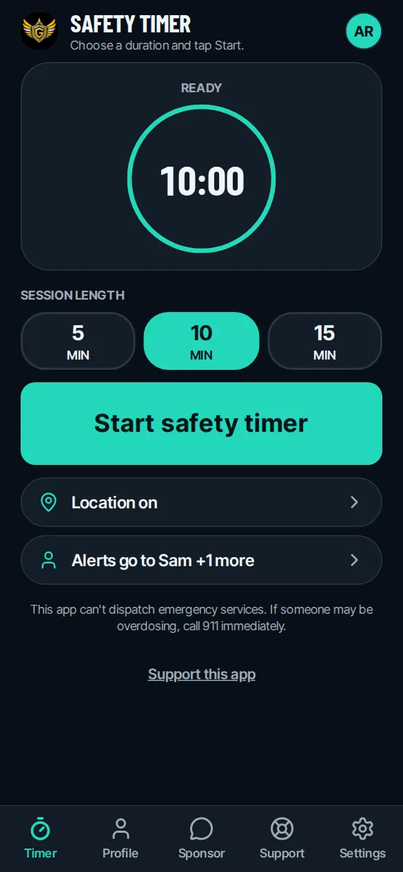 The Timer screen, ready to start a 10-minute timer (demo data)
