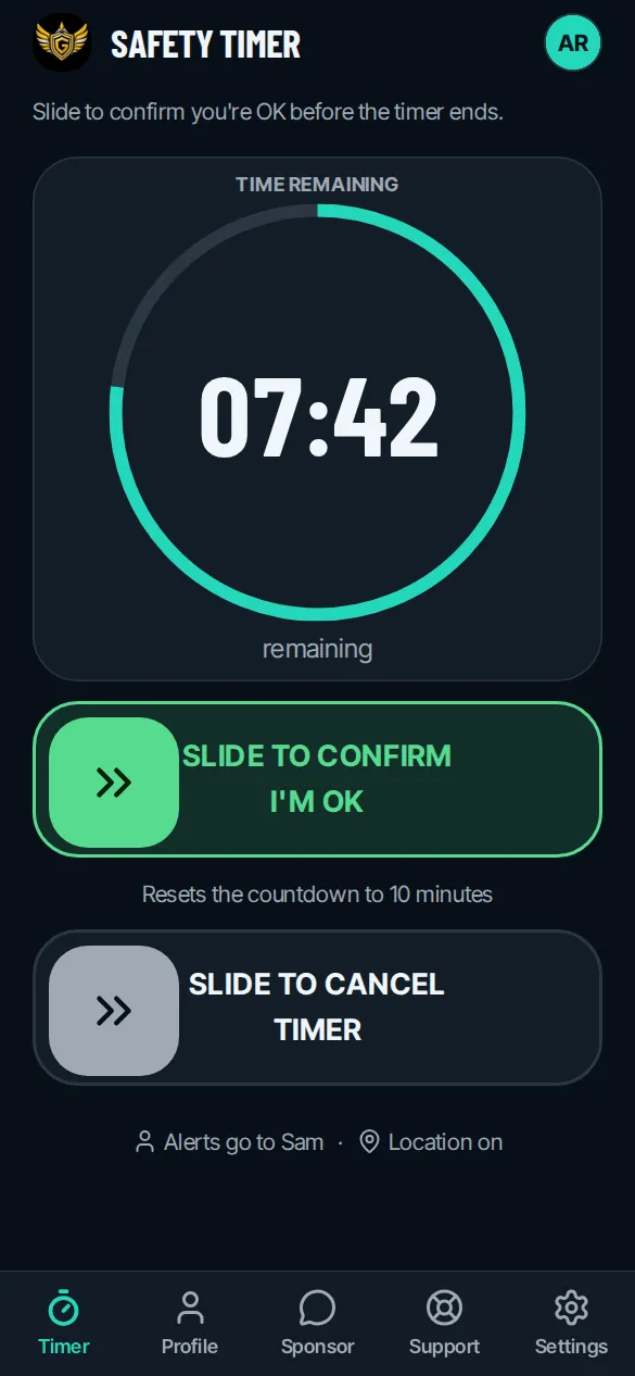 A safety timer running, with the slider to confirm you're OK (demo data)